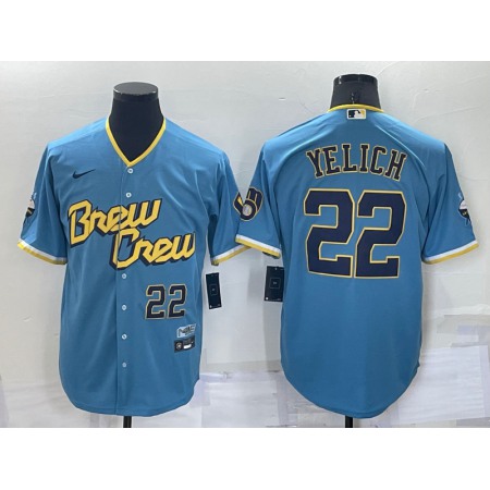 Men's Milwaukee Brewers #22 Christian Yelich 2022 Powder Blue City Connect Cool Base Stitched Jersey